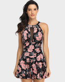 V Neck Mesh Tummy Control Floral Swimdress