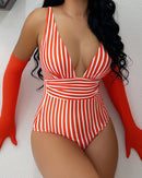 Striped Plunging Neck Bust Shaper One Piece Swimsuit