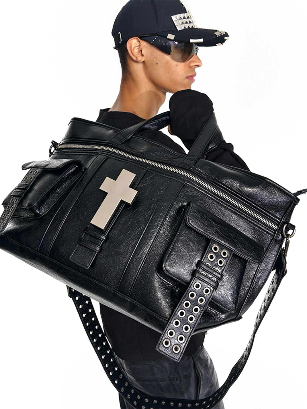 Studded Strap Textured Leather Bag