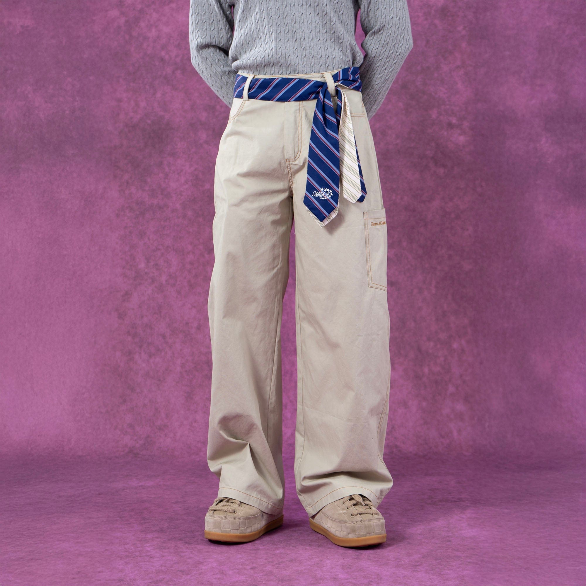 Wide-Leg Pants with Striped Tie Belt