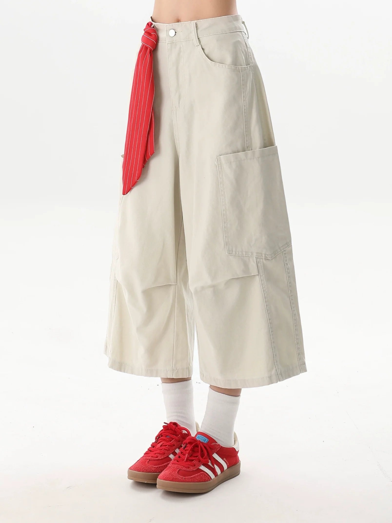 Wide Leg Culottes with Red Striped Tie Accent