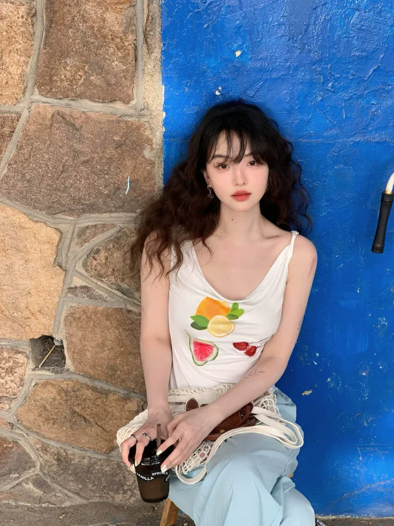 White Fruit Print Tank Top