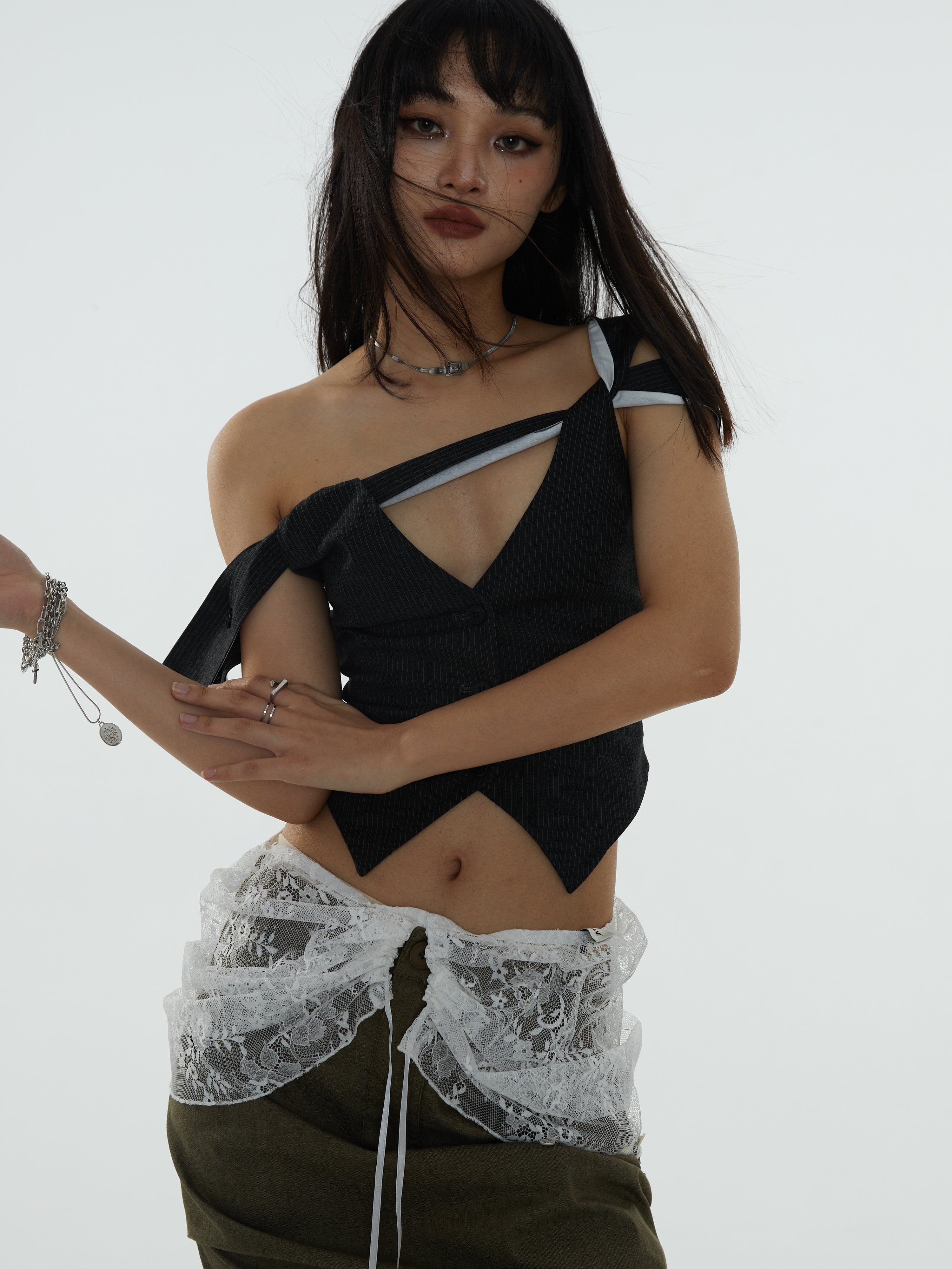 Asymmetrical Striped Hollow Vest With Kink Strap