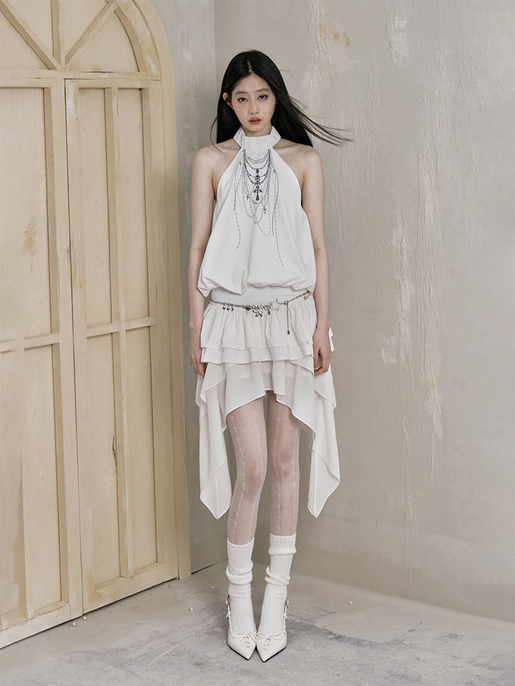 Ethereal Cascade Halter Dress And Shorts Set