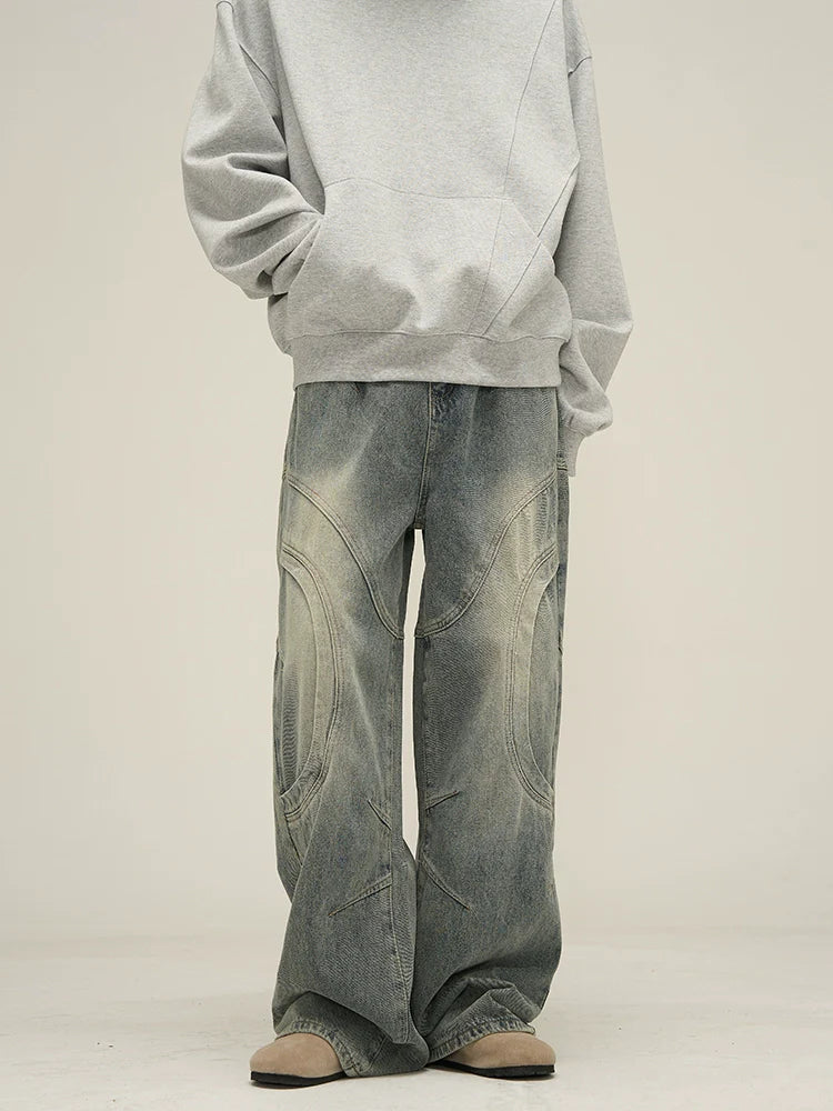 Wide-Leg Vintage Washed Jeans with Curved Stitching