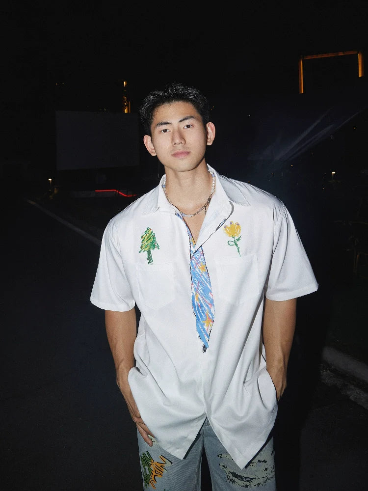 White Doodle Embroidered Casual Shirt