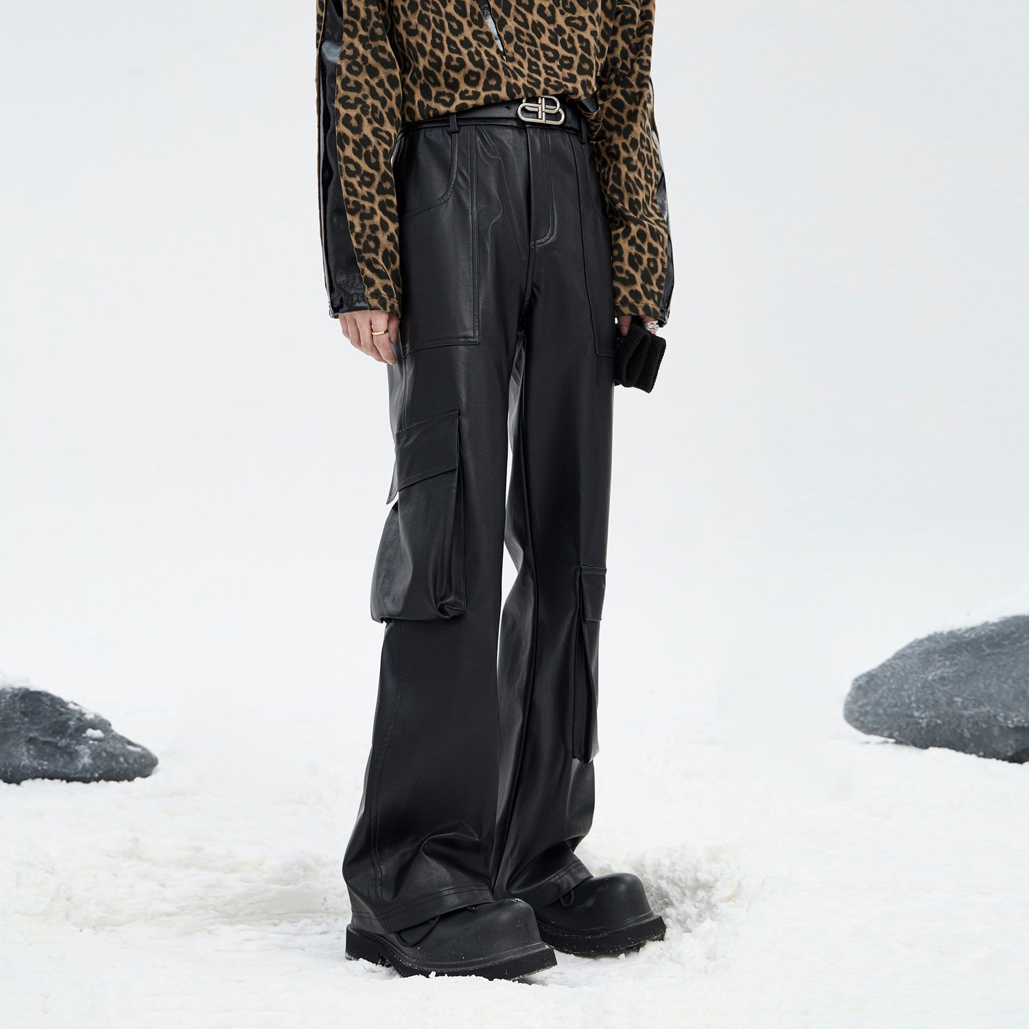 3D Pocket Leather Cargo Pants with Wide Leg