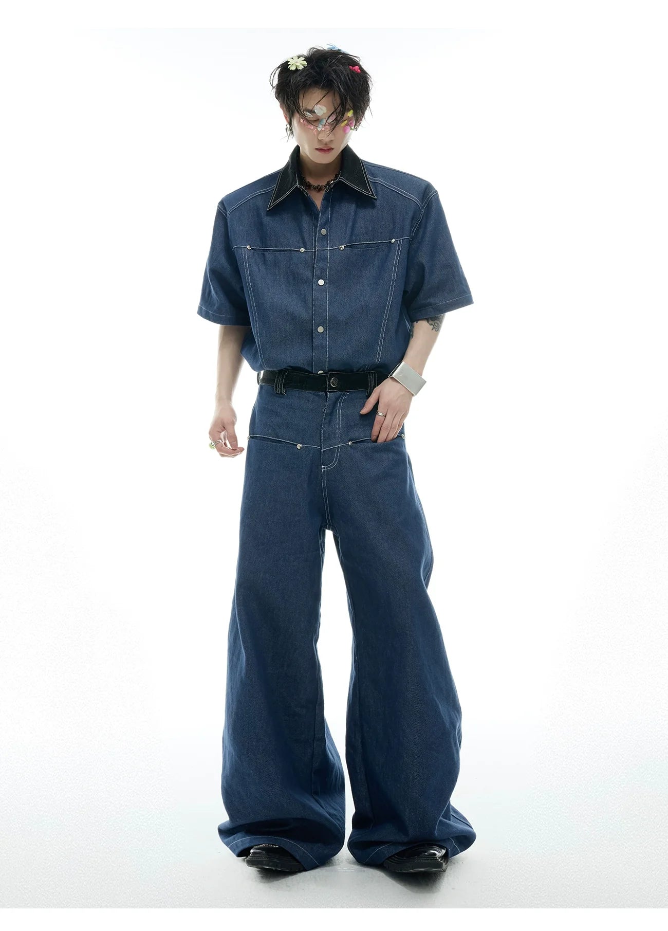 Wide Leg Denim Jumpsuit Boilersuit