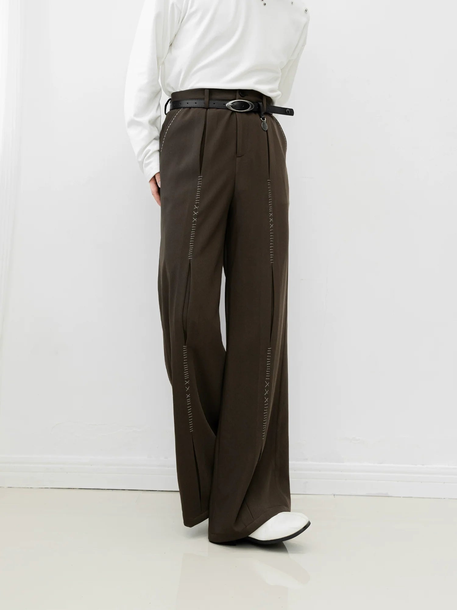 Wide-Leg Pants with Front Stitch Detailing