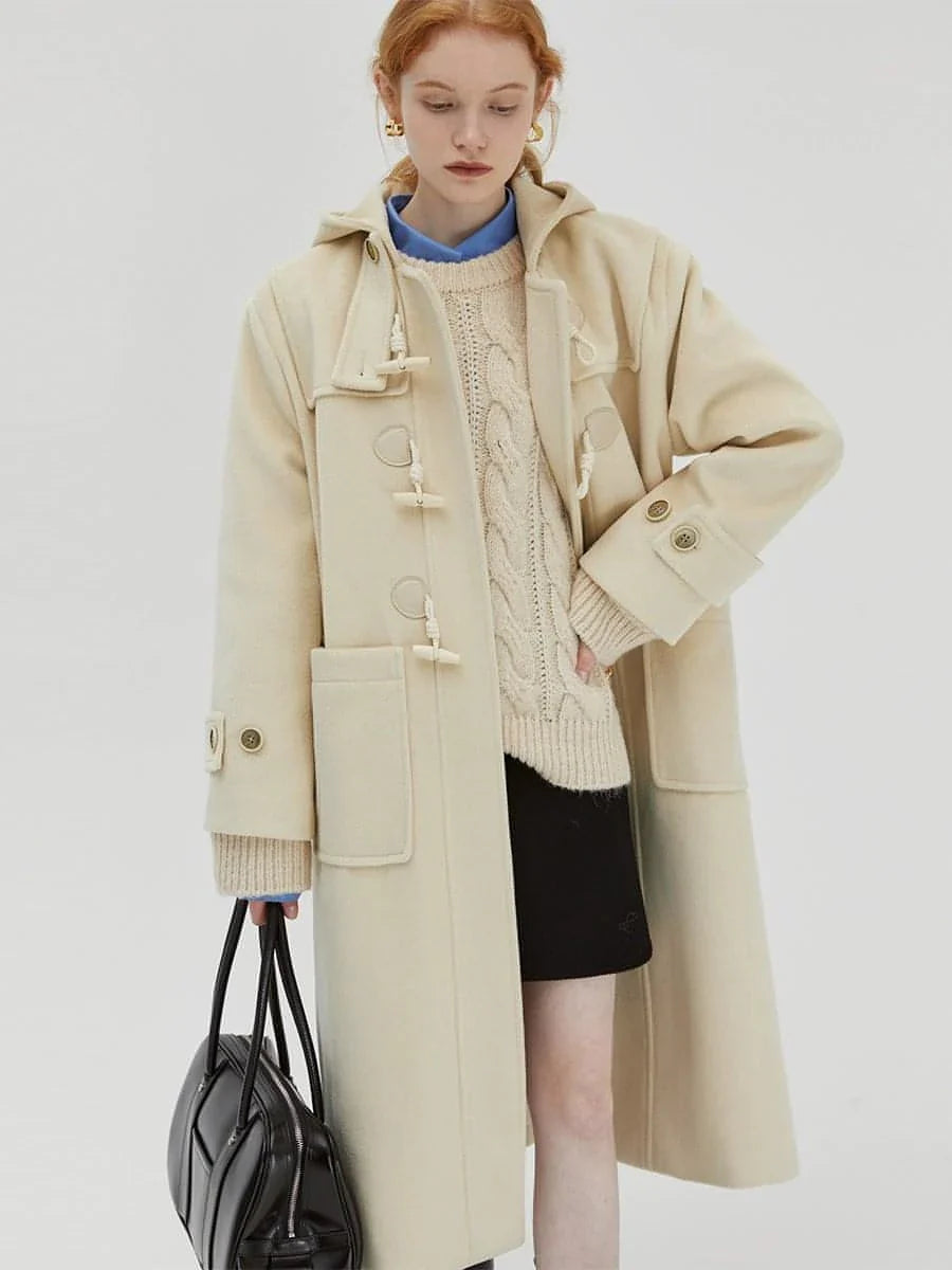 Winter Thicken College Style Hooded Mid-Length Melton Wool Coat