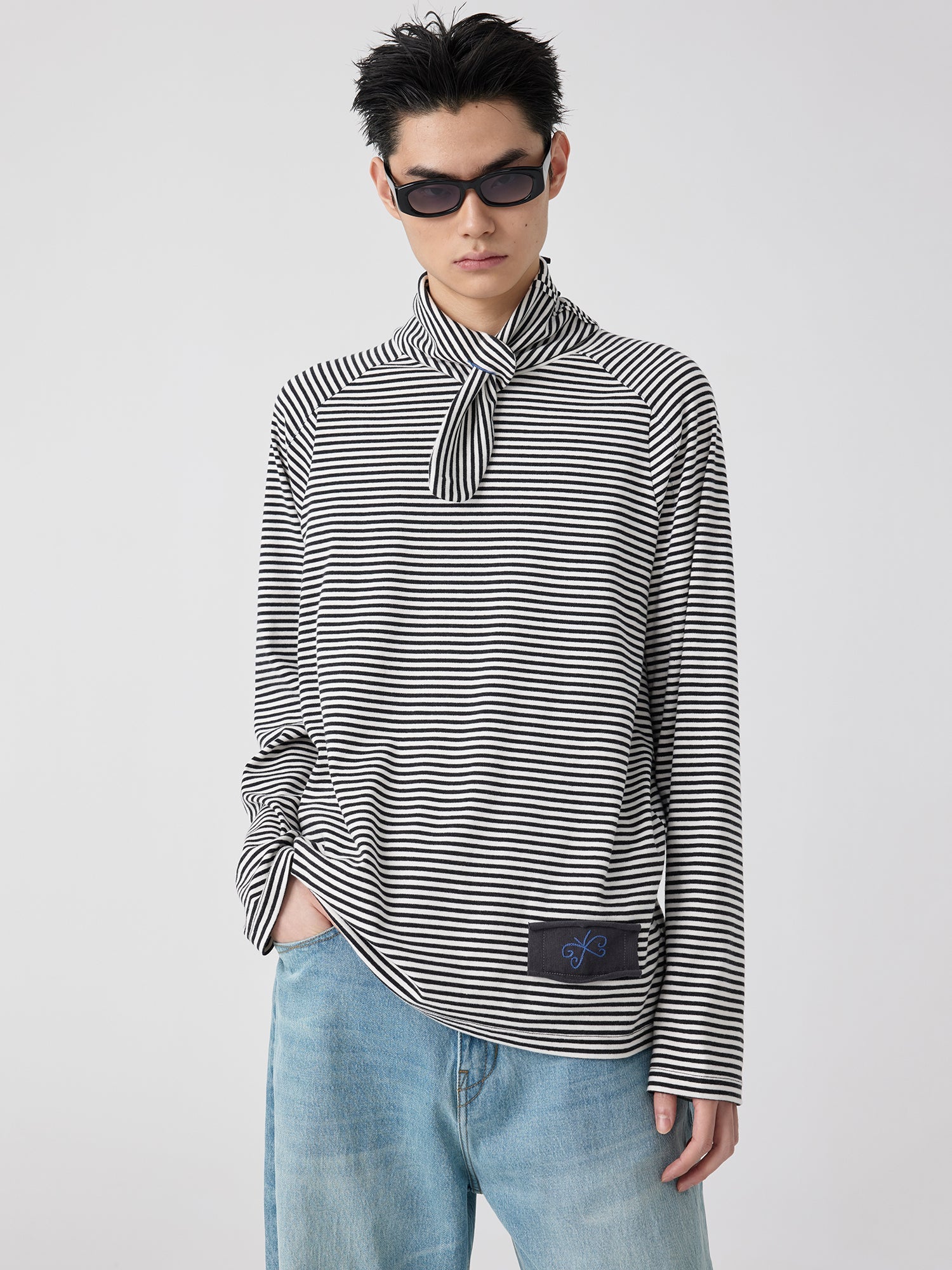 Striped Tie-Neck Long Sleeve Top