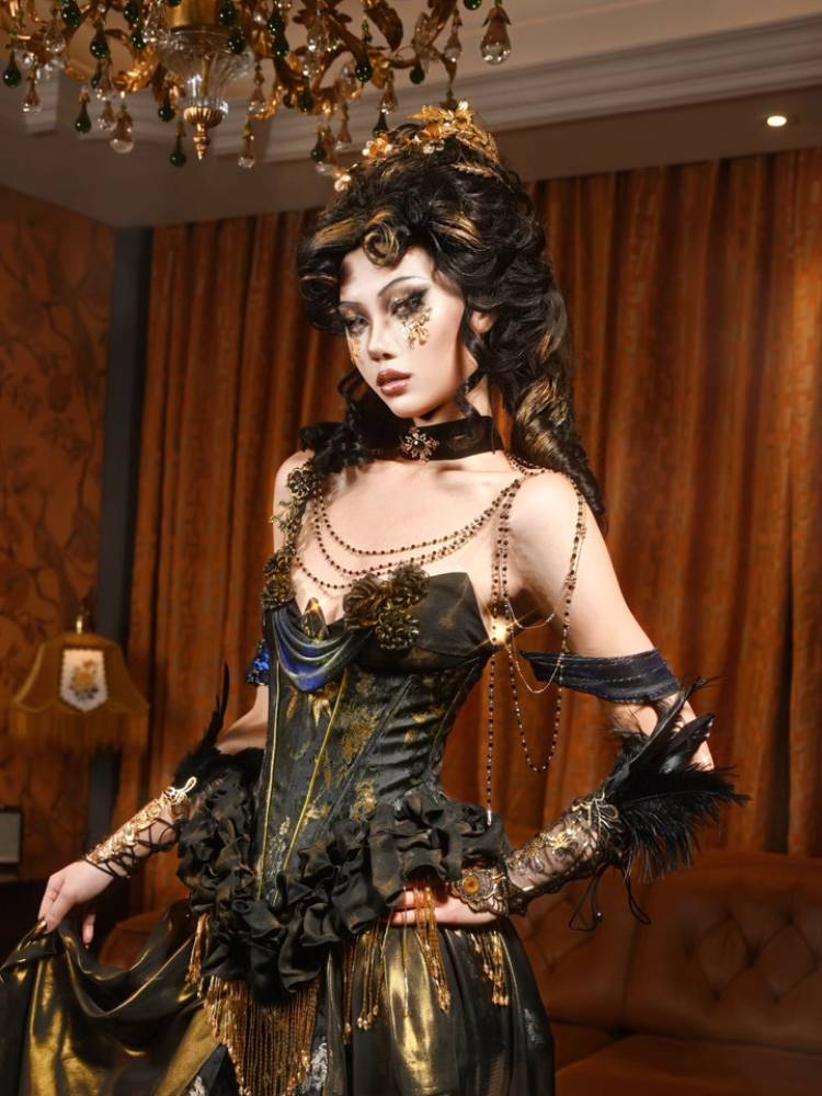 Victorian Steampunk Corset Top and Skirt - Gold Satin Gothic Ball Gown