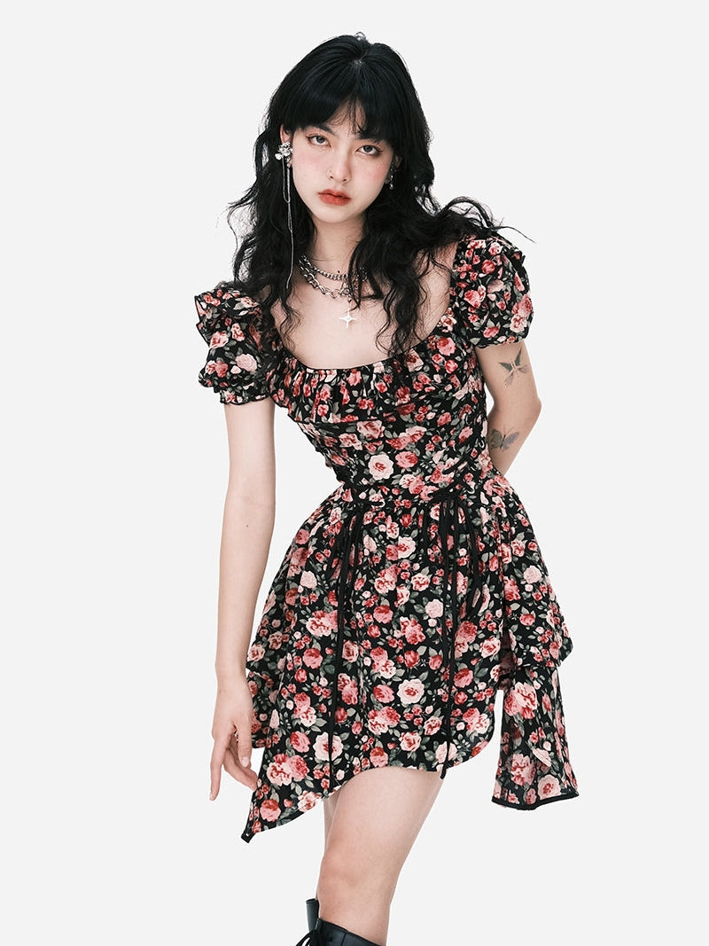 Blossom Noir Puff-Sleeve Dress