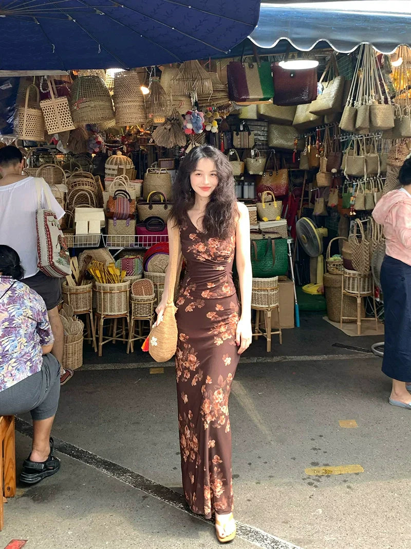 Vintage Brown Floral Print Maxi Skirt