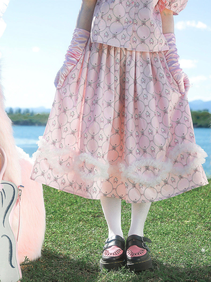 Pink Tulle Trim Midi Skirt