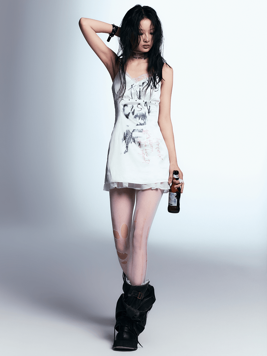 Cest Nous White Distressed Graphic Tank Dress - Women'S Sleeveless Mini Bodycon With Grunge Print