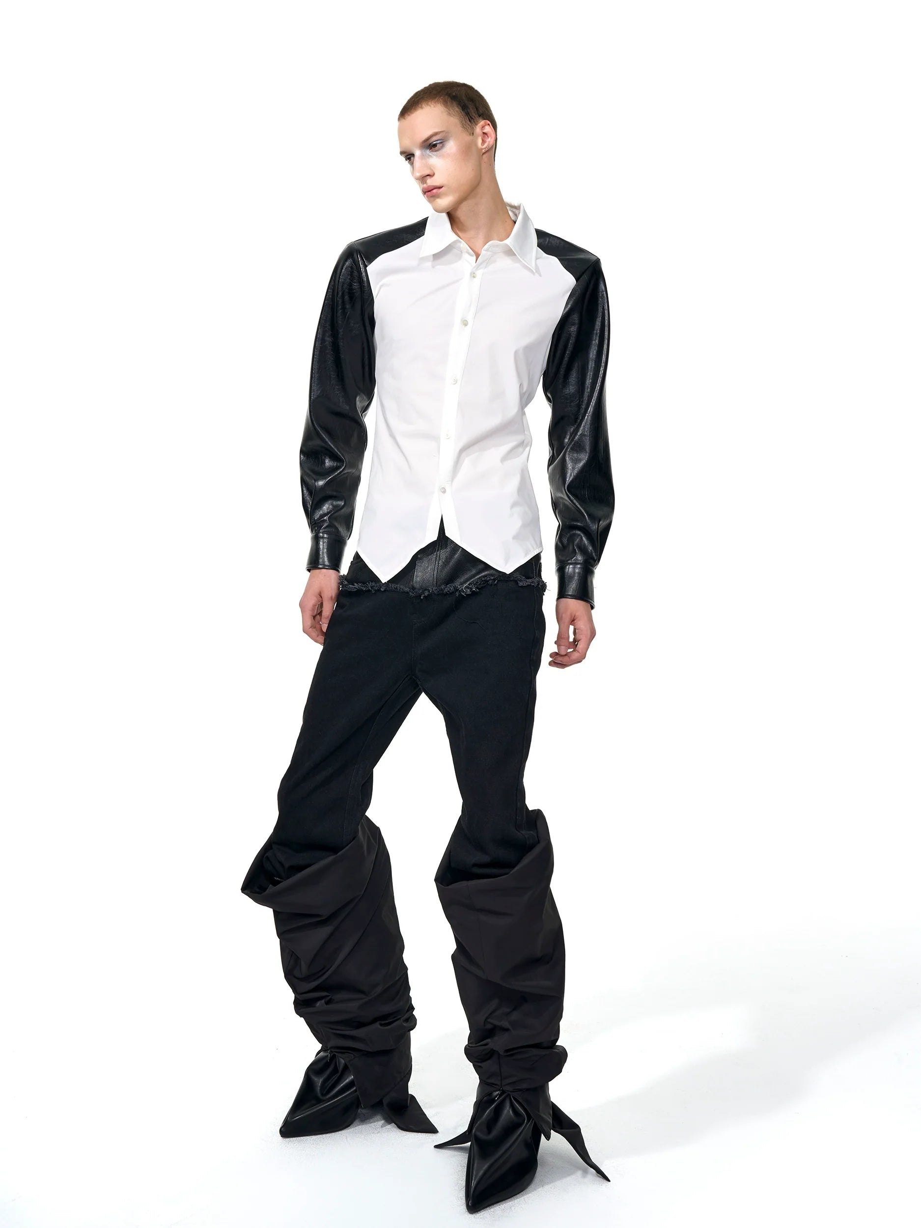 White Shirt with Black Faux Leather Sleeves