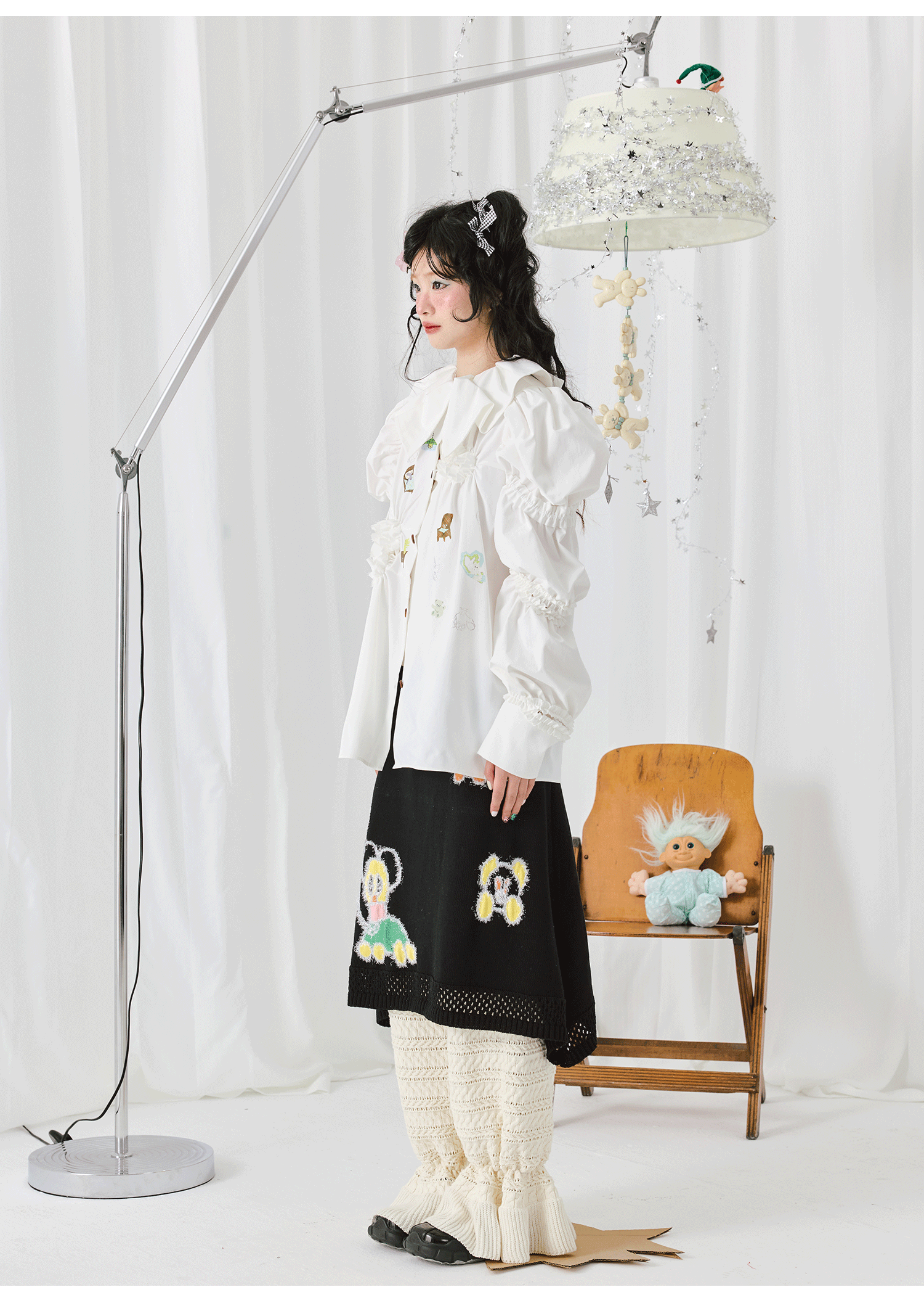 White Ruffle Embroidered Long Sleeve Shirt