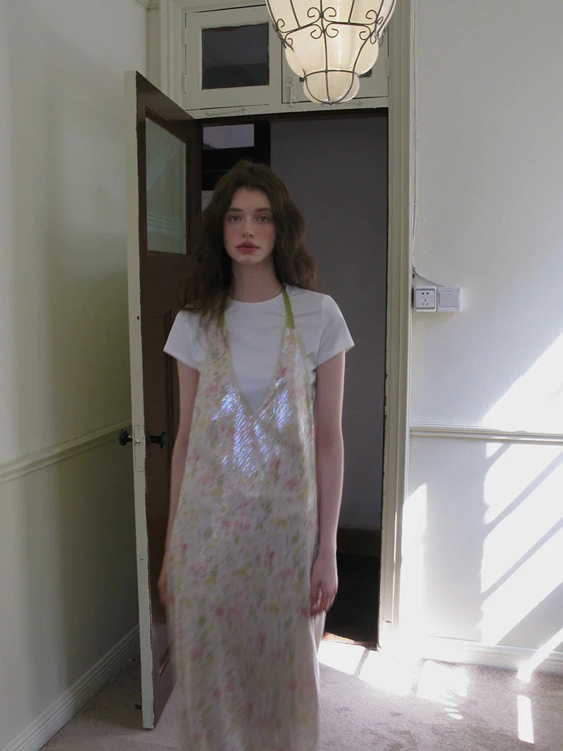 Sequin Floral Peplum Top with Sheer Straps