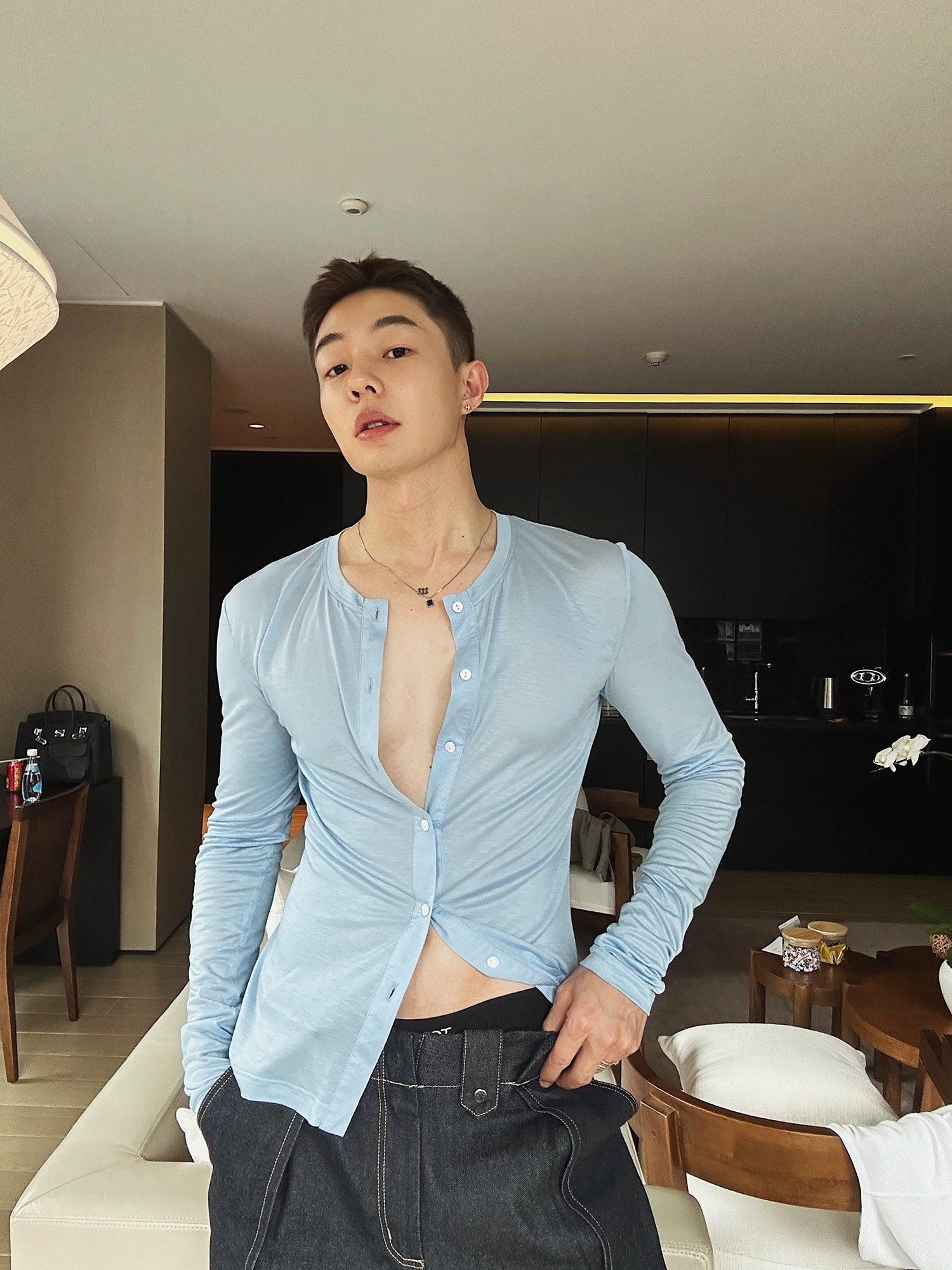 Weave Studio Light Blue Slim Fit Button-Up Shirt - Long Sleeve Lightweight Men'S Shirt