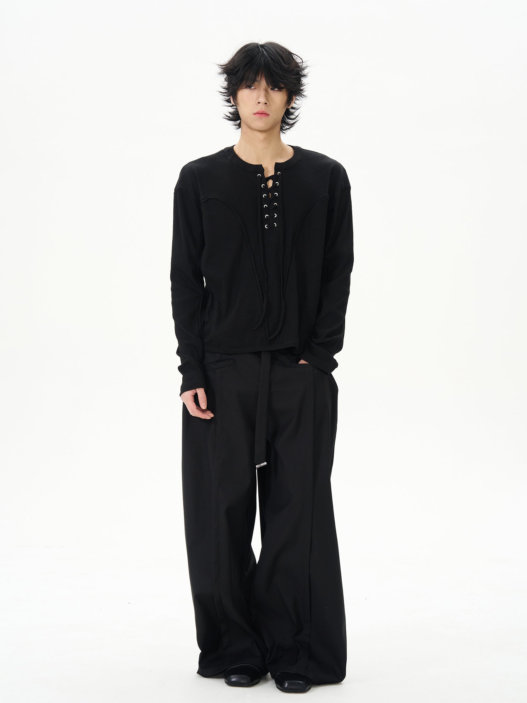 White Linen Lace-Up Henley Shirt