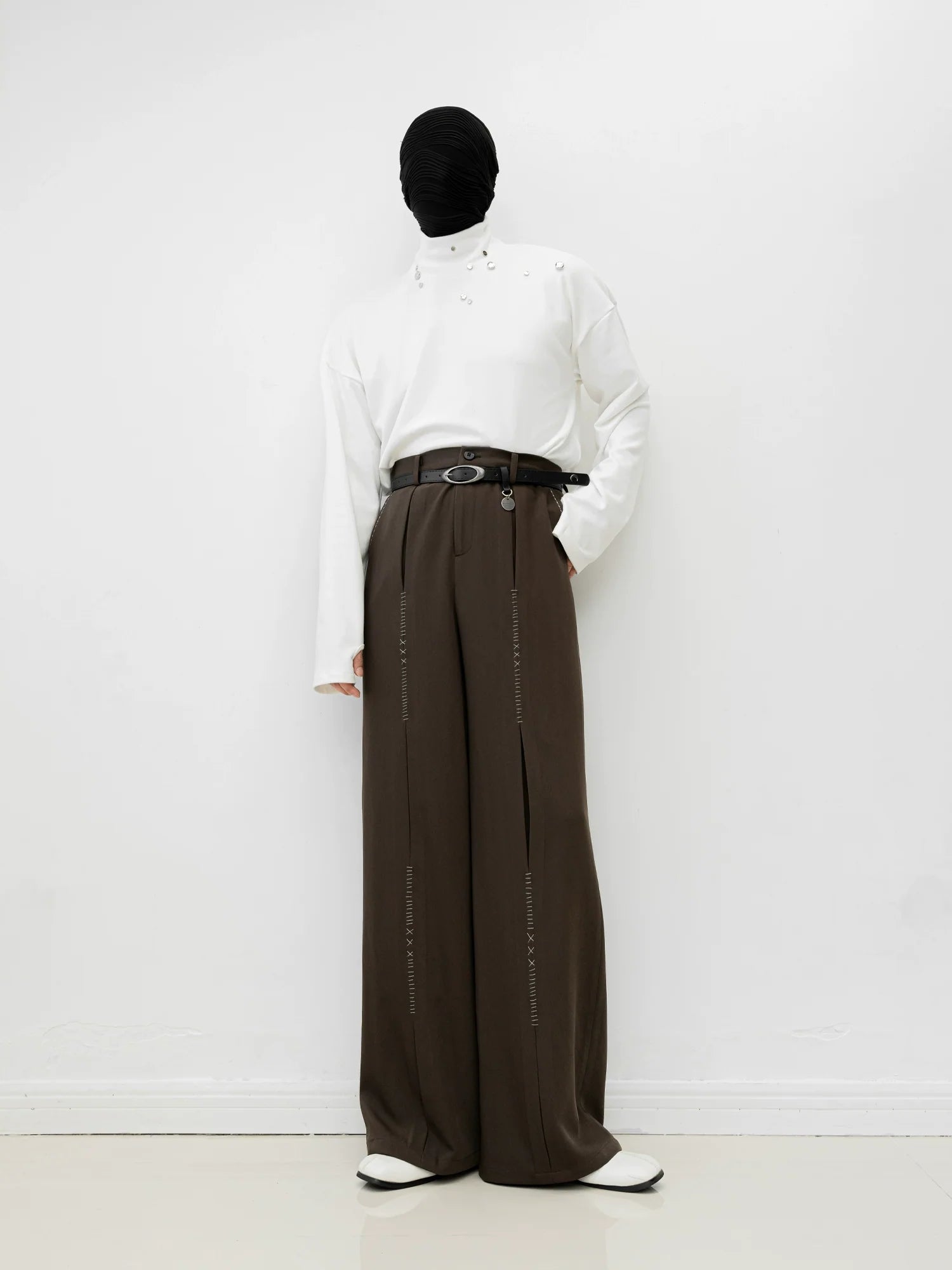 Wide-Leg Pants with Front Stitch Detailing