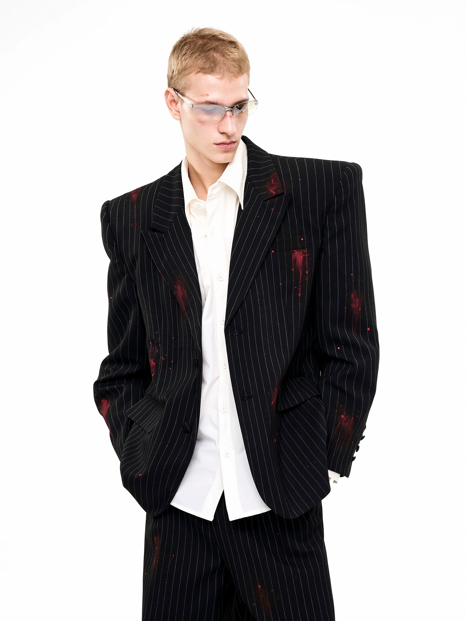 Red Paint Splatter Pinstripe Jacket and Pants Setup