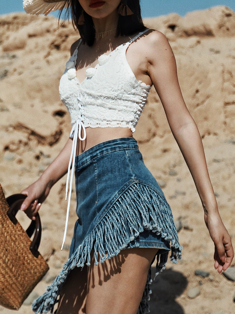 White Lace-Up Crochet Crop Top