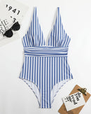 Striped Plunging Neck Bust Shaper One Piece Swimsuit