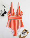 Striped Plunging Neck Bust Shaper One Piece Swimsuit