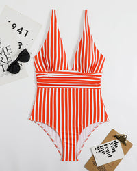 Striped Plunging Neck Bust Shaper One Piece Swimsuit