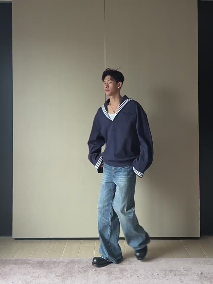 Weave Studio Navy Blue Sailor Collar Sweatshirt - Oversized Nautical V-Neck Pullover