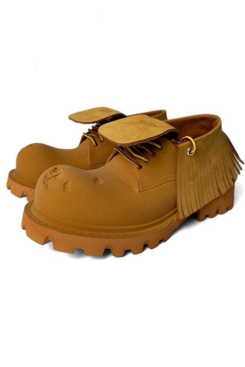 Tan Leather Platform Derby Shoes with Fringe Detail and Lug Sole