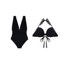 Deep Plunge Ruched Swimsuit with Halter Bra Two-Piece Set