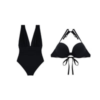 Deep Plunge Ruched Swimsuit with Halter Bra Two-Piece Set