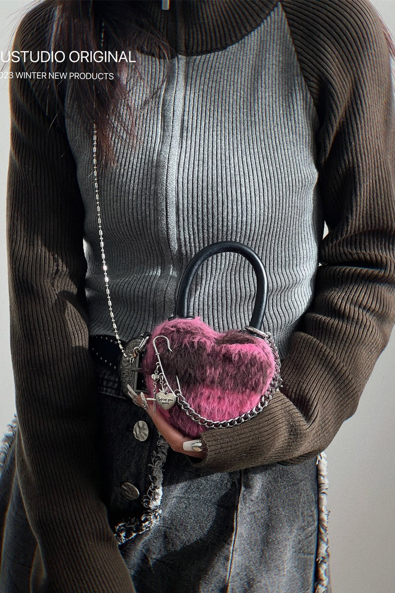 Pink Fuzzy Heart Mini Bag