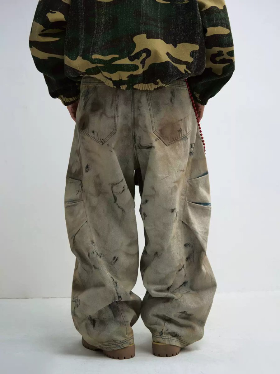 Washed Aged Wide-Leg Cargo Jeans
